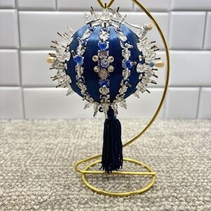 Vtg Silky Blue Christmas Ornament ‎ Pin Satin Beaded With Tassel Unique